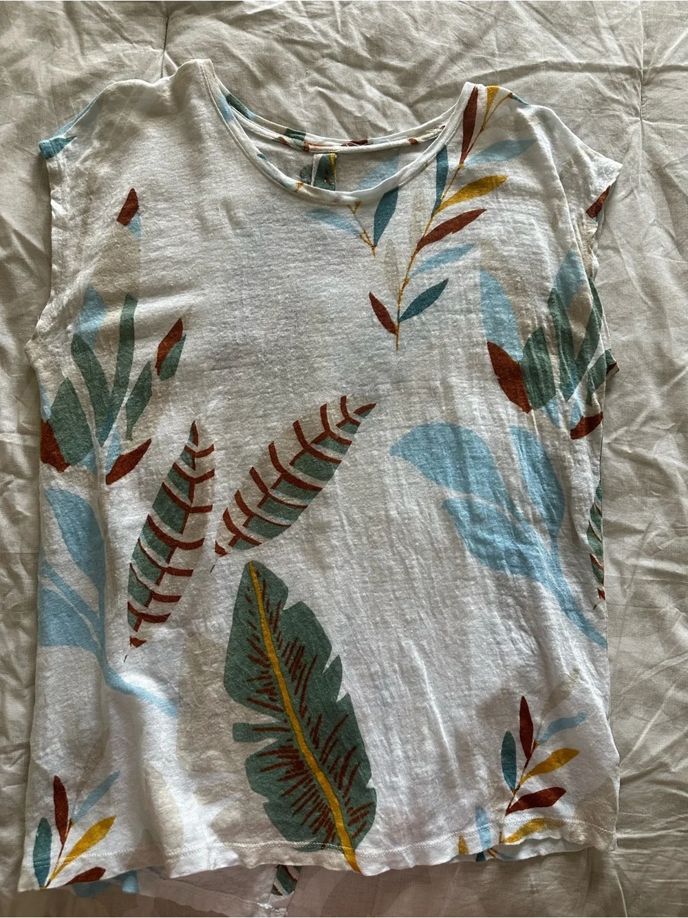 Cynthia Rowley White Tee with Teal, Rust & Mustard Leaf Print